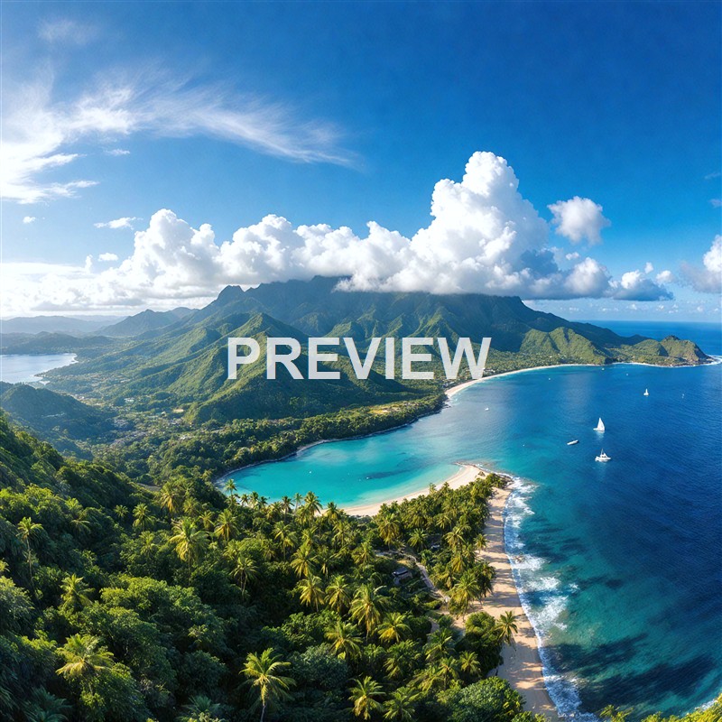 A lush tropical landscape with a mountain range partially covered by clouds, a vibrant turquoise bay with a sandy beach, and several sailboats on the water, all surrounded by dense green foliage and palm trees.